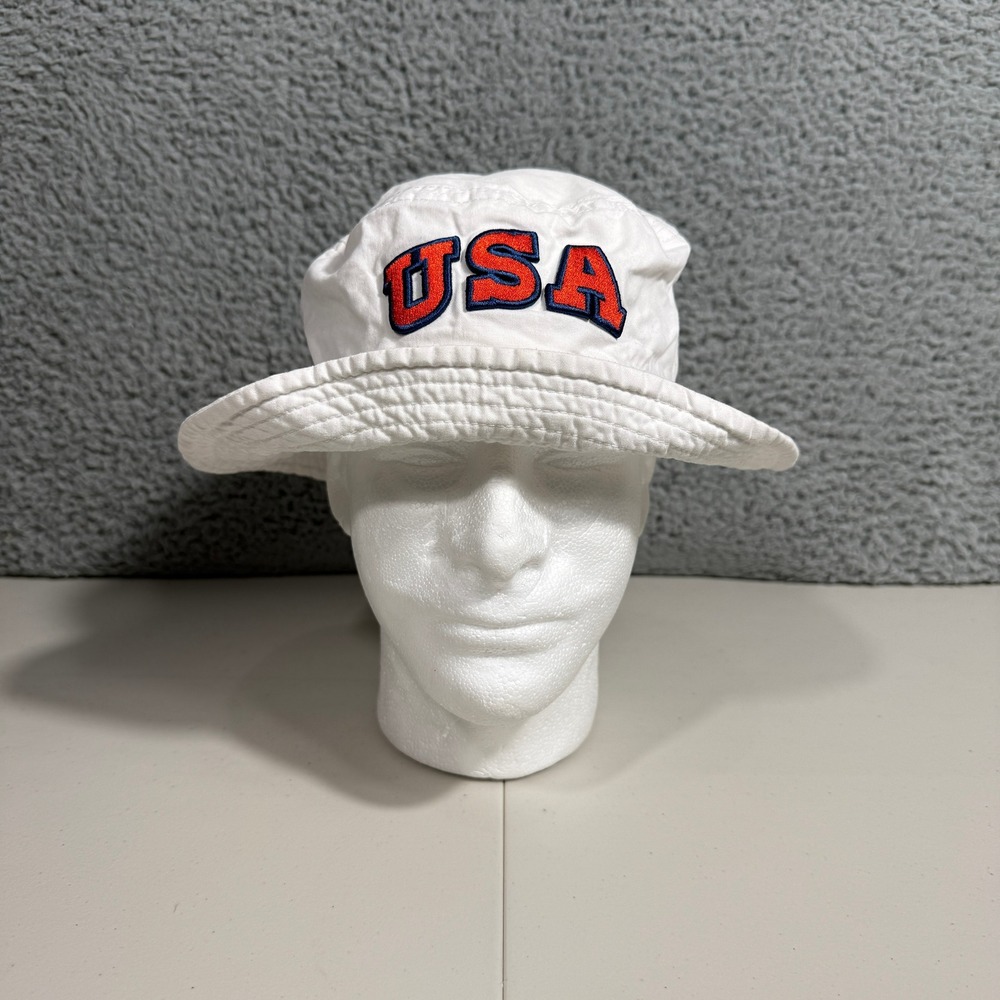 Mighty Fine USA White Bucket Hat American 4th Of July Embroidered Spell-Out